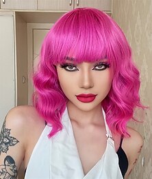 preiswerte -Pinkfarbene Perücke mit Pony, kurzer Bob, gewellt, lockig, schulterlang, pinkfarbene Perücken für Frauen, Kunsthaar, bunte Perücke für Halloween-Kostüm, Cosplay, 35,6 cm