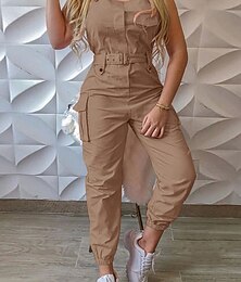 abordables -Mujer Normal Mono Ropa de calle Color sólido Sin Mangas Escote en Pico Bolsillo Alta cintura Vacaciones Calle Ajuste regular Negro Amarillo Rosa Otoño