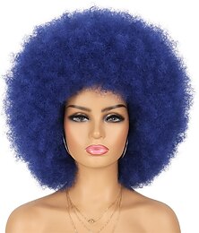economico -parrucca anni '70 parrucca afro per le donne nere parrucca glueless wear and go costume di colore blu scuro parrucche di halloween parrucche corte afro disco parrucche sintetiche gonfie resistenti al