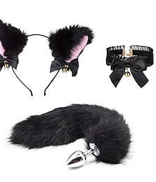 economico -copricapo di peluche con orecchio di animale simulato, orecchie di gatto (pane a forma di orecchio di gatto al vapore), vestito cosplay con coda di gatto, rete per capelli, accessori rossi
