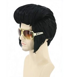 abordables -Perruque Disco Noire Courte pour Hommes Perruque de Style Rock des Années 50 Costume de Carnaval Perruques Halloween