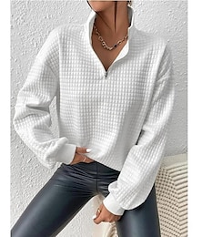 billige -damegenser med glidelås sweatshirt pullover sport basic teksturert ensfarget street casual v-hals halv glidelås kvart glidelås lange ermer hvit høst &amp; vinter