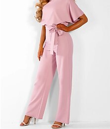 economico -tuta da donna elegante cintura in vita rosso gamba larga scollo tondo manica corta tinta unita festa lavoro casual primavera estate abbigliamento abbigliamento