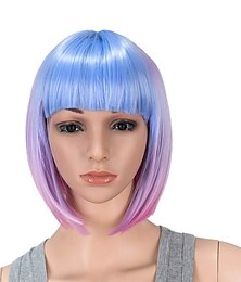 economico -Parrucca Corto Dritta Bob Ombre Blu Rosa Multicolore con Ciuffo Sintetica Colorata Cosplay per Festa Quotidiana per Donne e Bambini con Cappello Parrucca Parrucca di Halloween