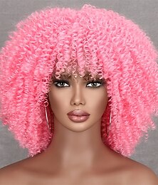 cheap -Light Pink Curly Wigs for Black Women Short Afro Curly Wigs with Bangs Synthetic Fiber Afro Kinky Wigs Short Curly Pink Wig For Daily Use