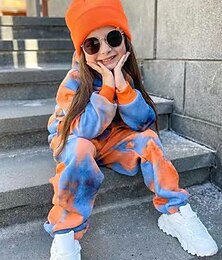 economico -2 pezzi Bambino Da ragazza Colorato a macchie Tasche Set felpa con cappuccio e pantaloni della tuta Impostato Manica lunga Attivo Addestramento 3-7 anni Autunno Rosso Arancione