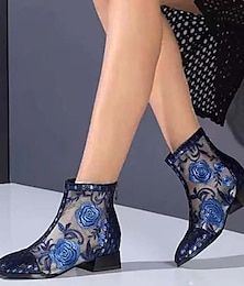 cheap -Women's Boots Booties Ankle Boots Daily Walking Embroidered Booties Ankle Boots Winter Satin Flower Cone Heel Chunky Heel Pointed Toe Elegant Vacation Vintage PU Blue