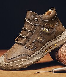 levne -pánské hnědé outdoorové boty z umělé kůže s ručně vyrobeným prošíváním, šněrovacím designem a protiskluzovou podrážkou - odolná a pohodlná dobrodružná obuv