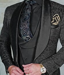 baratos -Ternos de baile masculinos pretos azuis borgonha, festa de casamento, smoking de baile, 3 peças, roupa gótica plus size, gola xale, impressão padrão, ajuste único, um botão, 2024