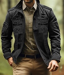 billiga -Herr Utomhusjacka Taktisk jacka Utomhus Dagliga kläder Varm Dragkedja Ficka Höst Vinter Slät Mode Streetwear Kavajslag Normal Svart Kaki Armégrön Jacka