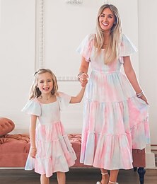 abordables -maman et moi robes tie dye rue imprimé rose manches courtes midi maman et moi tenues jolies tenues assorties