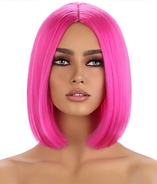 cheap -Hot Pink Bob Wig for Women Short Straight Synthetic Heat Resistant Cosplay Costume Party Wigs Middle Part Magenta Hair