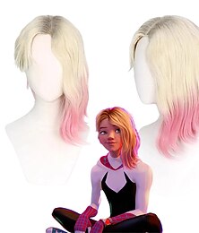 economico -parrucca sintetica gwen stacy dritta asimmetrica fatta a macchina parrucca corta a1 capelli sintetici cosplay delle donne moda morbida bionda rosa colore misto parrucche di halloween