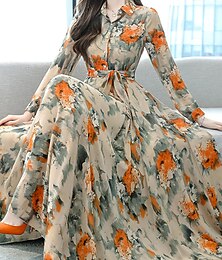 economico -Per donna Abito Lungo Maxi Abito Vestito a ruota Abito a trapezio Abito Stampato Abito Primaverile Moda Streetwear Maturo All'aperto Vacanza Streetwear Vestibilità regolare Floreale Manica Lunga