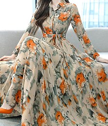 cheap -Women's Swing Dress A Line Dress Print Dress Floral Button Print Shirt Collar Long Dress Maxi Dress Daily Vacation Long Sleeve Spring Fall