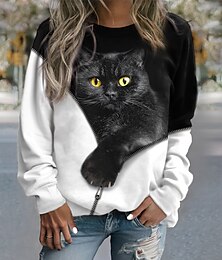 abordables -Sudadera de mujer, jersey de gato, estilo casual, color negro, deportiva, básica, cuello redondo, manga larga, top microelástico, caída&amp;Tejido suave, transpirable y cómodo para el invierno.