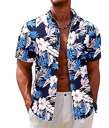 cheap -Men's Shirt Summer Hawaiian Shirt Floral Graphic Prints Turndown Black Yellow Red Navy Blue Royal Blue Outdoor Street Short Sleeves Print Clothing Apparel Fashion Designer Casual Soft
