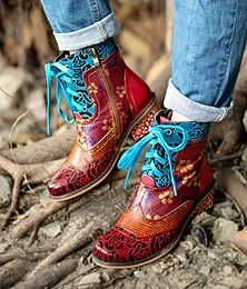 preiswerte -Damen Retro Blumen Schnürstiefeletten mit Reißverschluss, buntes Patchwork-Design – lässiger Vintage-Stil für jeden Tag