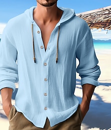 cheap -Men's Shirt Linen Shirt Beach Shirt Hooded Shirt Black White Blue Long Sleeve Plain Hooded Spring & Summer Casual Daily Clothing Apparel Button