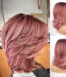 economico -parrucca rosa a strati ondulati parrucche rosa corte con frangia per le donne parrucche rosa ombre ricce a strati da 14 pollici con radici scure parrucche sintetiche di ricambio per capelli sintetici