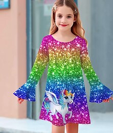 ieftine -Girls ' 3D Grafic Desene Animate Inorog Rochie Manșon Lung Tipărire 3D Vară Toamnă Vacanță Sporturi & Exterior Zilnic Drăguţ Casual Frumoasa Copii 3-12 ani Rochie casual Rochie A line Sub Genunchi