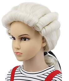 economico -parrucca per bambini onda lunga beige giudice coloniale con cipria parrucca cosplay costume di halloween di george washington