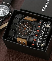 voordelige -Keller Weber 5 stks horloges armband set luxe mannen quartz horloges lederen band fahsion casual horloge voor mannen cadeau voor vriendje
