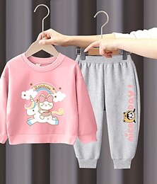 cheap -2 Pieces Kids Girls' Rainbow Crewneck Hoodie & Pants Set Long Sleeve Active Outdoor 3-7 Years Spring Black unicorn sweater + nice black pants Black unicorn sweater + nice gray pants Orange unicorn