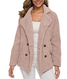 cheap -Women's Winter Coat Fleece Jacket Teddy Coat Thermal Warm Sherpa Jacket Fall Windproof Heated Coat Single Breasted Lapel Stylish Jacket Long Sleeve Oversize Pink Khaki