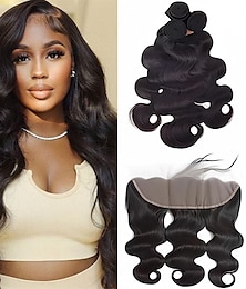cheap -Body Wave Bundles Human Hair With Frontal(16 18 20  14Free Part) 100% Natural Human Hair Extensions 13x4 HD Transparent Lace Frontal With Black Body Wave Weave 3 Bundles Brazilian Real Human Hair
