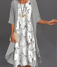 cheap -Women's Two Piece Dress Set Casual Dress Print Dress Outdoor Daily Elegant Fashion Print Midi Dress Crew Neck 3/4 Length Sleeve Floral Loose Fit Black White Pink Summer Spring S M L XL XXL