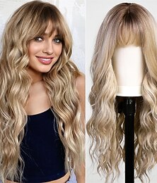 abordables -Ombre sale perruques blondes avec bangsash blonde longue perruque ondulée pour les femmeslongue perruque de cheveux synthétiques bouclés pour la fête utilisation quotidienne 24in