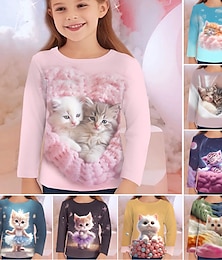 billiga -Flickor 3D Grafisk Tecknat Katt T-shirt Långärmad 3D-tryck Sommar Höst Aktiv Mode söt stil Polyester Barn 3-12 år Utomhus Ledigt Dagligen Normal