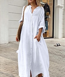 voordelige -Dames Witte jurk Zwarte jurk Casual jurk Maxi-jurk nappi Zak Klassiek Casual Dagelijks Vakantie Opstaand Lange mouw Herfst Zwart Wit Effen