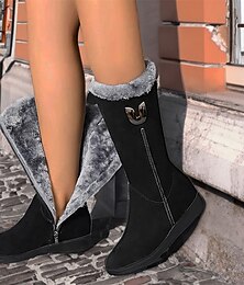 baratos -botas de inverno femininas de camurça preta com forro de pele sintética e zíper lateral - botas quentes e elegantes de cano médio para clima frio