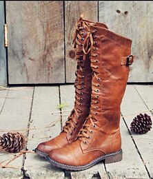 abordables -Botas de montar vintage de piel sintética marrón para mujer con cordones y detalle de hebilla: estilo ecuestre hasta la rodilla para uso informal y al aire libre