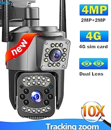 baratos -4g sim câmera ip lente dupla 4mp 2k wifi câmera de segurança ao ar livre mini zoom 10x vigilância por vídeo 1080p cctv câmera webcam