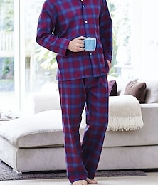 economico -Per uomo loungewear Pigiami Set pigiama Top e pantalone del pigiama 2 pezzi A quadri Moda Informale Comoda Interni Giornaliero Cotone Comfort Bavero Manica lunga Camicia Pantalone A cordoncino Vita
