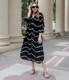 abordables -Robe longue à rayures géométriques pour femmes, boutonnée, fendue, col en V, maxi, vacances quotidiennes, manches longues, été, printemps