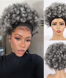 economico -afro crespo parrucca riccia fascia parrucca grigia parrucche per le donne breve riccia parrucca afro con fascia attaccata parrucca sintetica grigia ombre delle donne ricci capelli veri parrucca senza