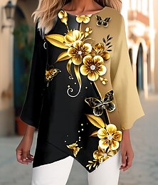 abordables -Mujer Camisa Blusa Floral Casual Festivos Estampado Asimétrico Amarillo Manga Larga Escote Redondo Primavera & Otoño