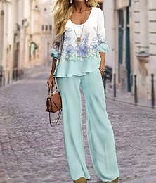 economico -Completo da donna in 2 pezzi camicia pantaloni pantaloni a gamba larga maniche lunghe girocollo stampa floreale casual quotidiano rosa blu verde primavera e autunno vestibilità regolare