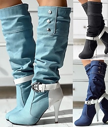 ieftine -Cizme stiletto din denim albastru deschis pentru femei – cizme cu toc înalt, cu baretă și cataramă, cu garnitură albă, pentru stil street style și ieșiri în oraș de seară
