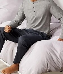 economico -Per uomo loungewear Pigiami Set pigiama Top e pantalone del pigiama 2 pezzi Liscio Moda Informale Comoda Interni Giornaliero Misto cotone Comfort Henley Manica lunga maglietta Pantalone A cordoncino