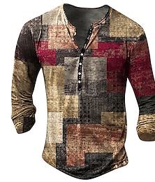 preiswerte -Graphic Patchwork Modisch Täglich Brautkleider schlicht Herren 3D-Druck Henley Shirt Casual Festtage Ausgehen T-Shirt Blau Braun Grün Langarm Henley Hemd Frühling & Herbst Bekleidung S M L XL 2XL 3XL