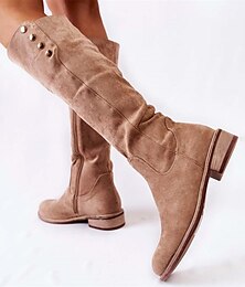 baratos -botas femininas de camurça bege até o joelho com detalhes de botão - calçados estilosos para passeios casuais e moda outono