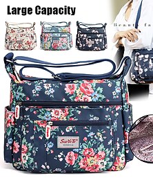 baratos -Mulheres Bolsa crossbody Bolsa de ombro Bolsa Hobo Tecido Oxford Ao ar livre Diário Feriado Ziper Grande Capacidade Prova-de-Água Leve Flor Flor rosa Borboleta colorida Buquê em fundo azul