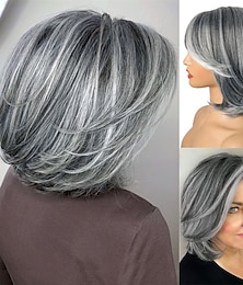 voordelige -korte grijze pruik met gordijnpony gelaagde zilvergrijze pruiken voor vrouwen bob gelaagde pruiken pixie cut gelaagde pruik haar synthetisch haar pruiken