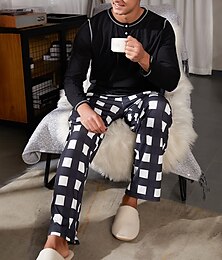 economico -Per uomo loungewear Pigiami Set pigiama Top e pantalone del pigiama 2 pezzi A quadri Moda Informale Comoda Interni Giornaliero Misto cotone Comfort Henley Manica lunga maglietta Pantalone A