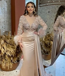 baratos -Sereia Vestidos de noite Elegante Vestido Formal Casamento Cauda Corte Manga Longa Decote V Cetim com Penas Purpurina Franzido 2024